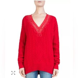 The Kooples Cable Knit Lace Trim Sweater Red V Neck Womens Medium Size 2